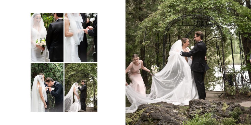 bride plays with long veil during outdoor wedding ceremony