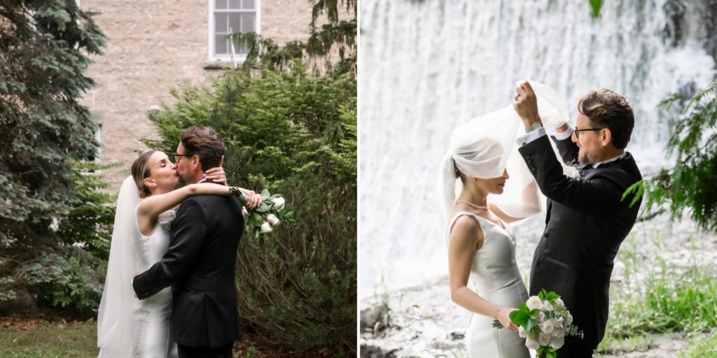 groom lifting veil over brides head in front of waterfall