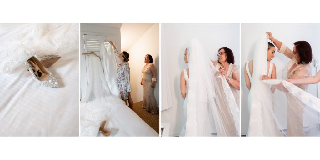 mom helps bride with veil on wedding day