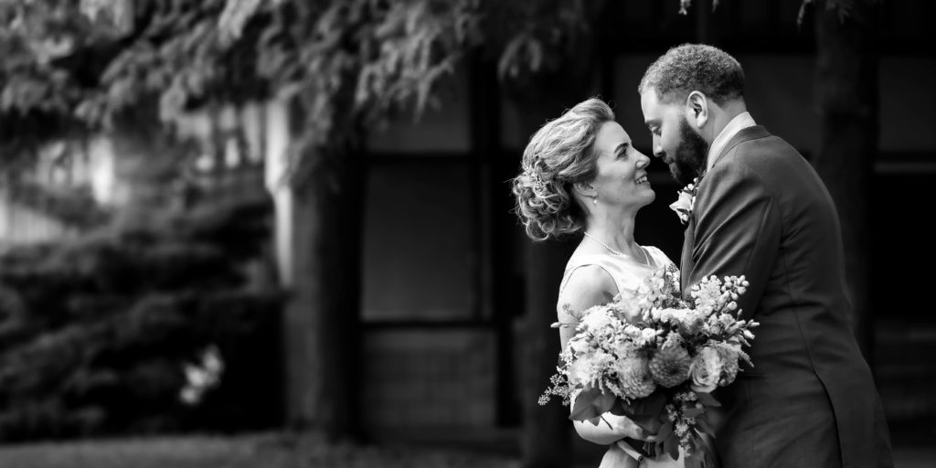 black and white portrait bride groom