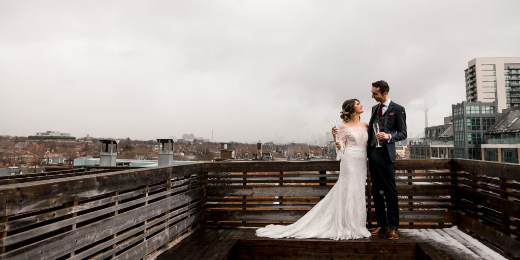 bride groom portrait on roof top deck