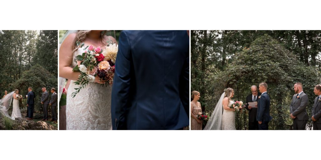 summer wedding ceremony in the garden at the millcroft inn