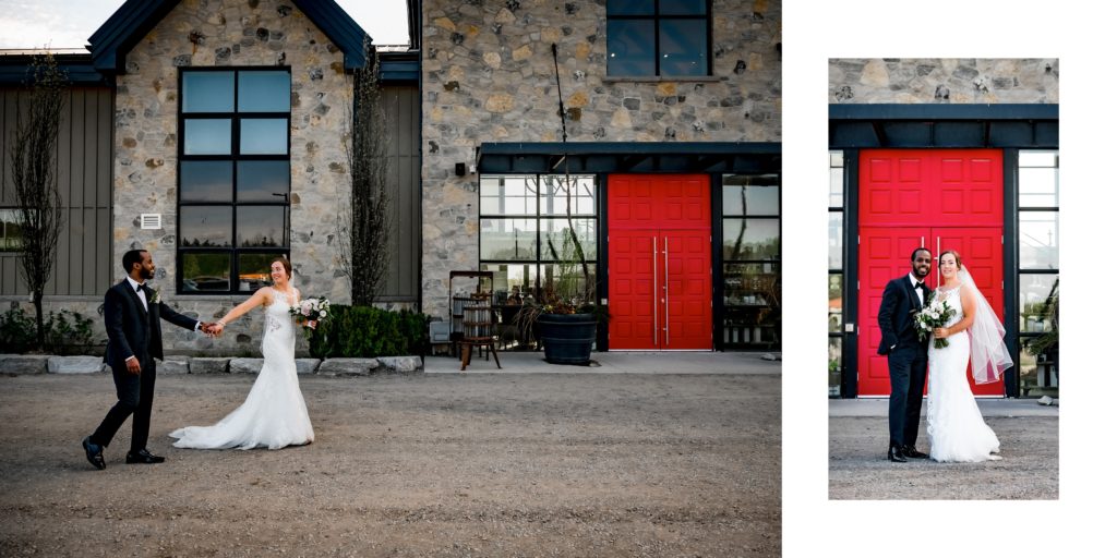 wedding couple photos in front of red door at adamo