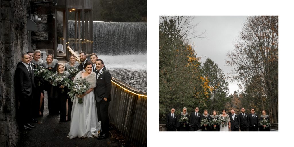 wedding party photos with the waterfall