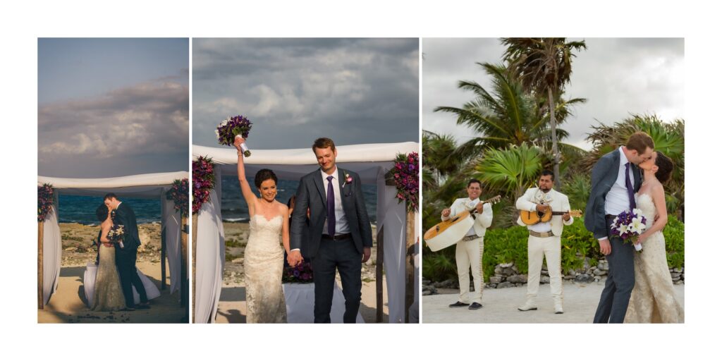bride raises bouquet to celebrate marriage