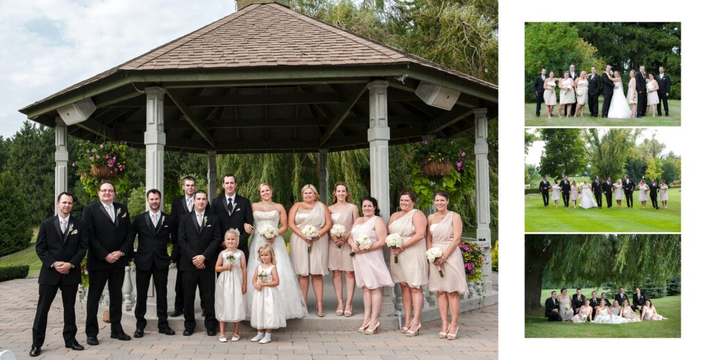 wedding party photo under gazebo