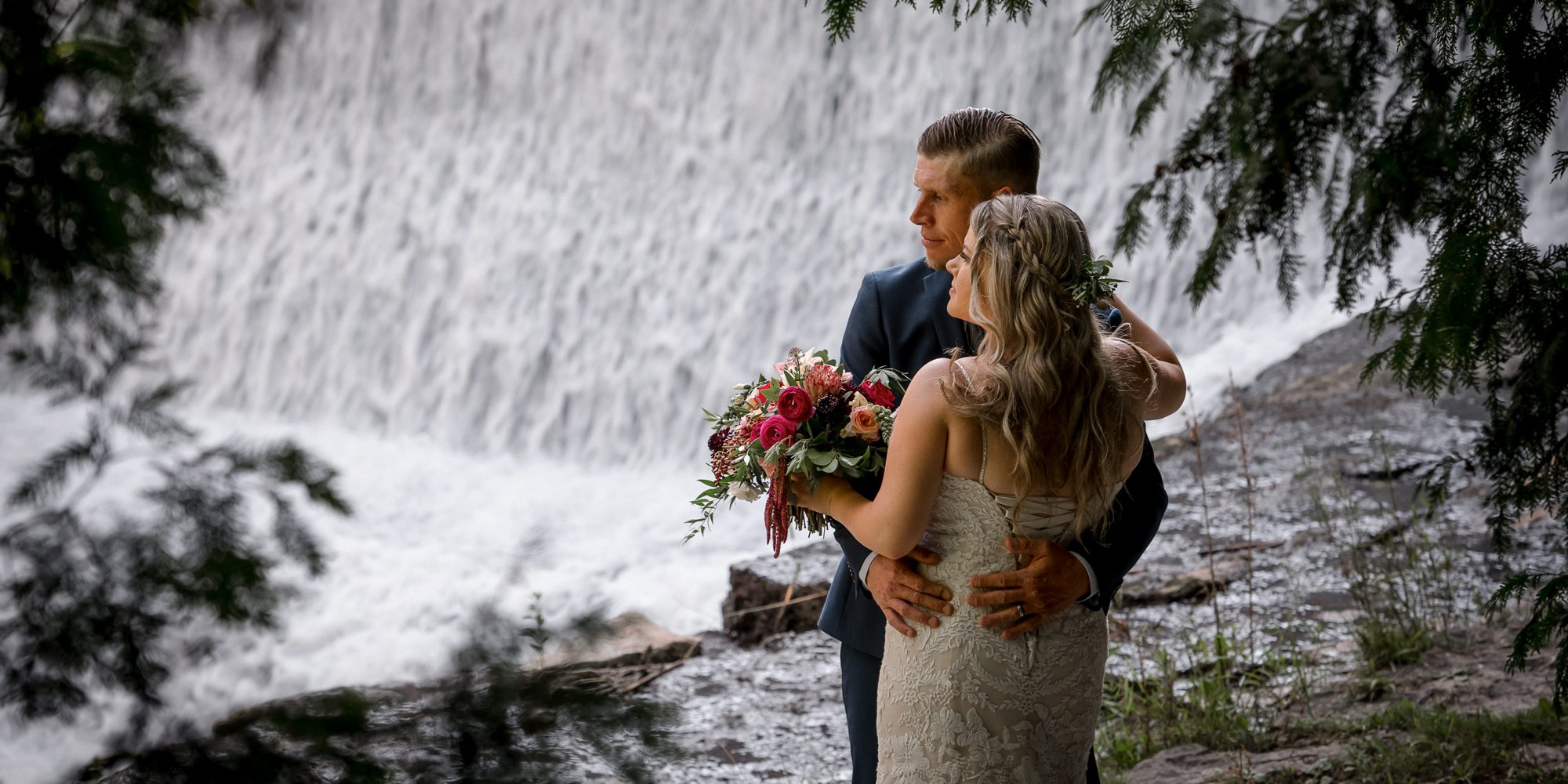 bride groom portrait at waterfall at the millcroft inn