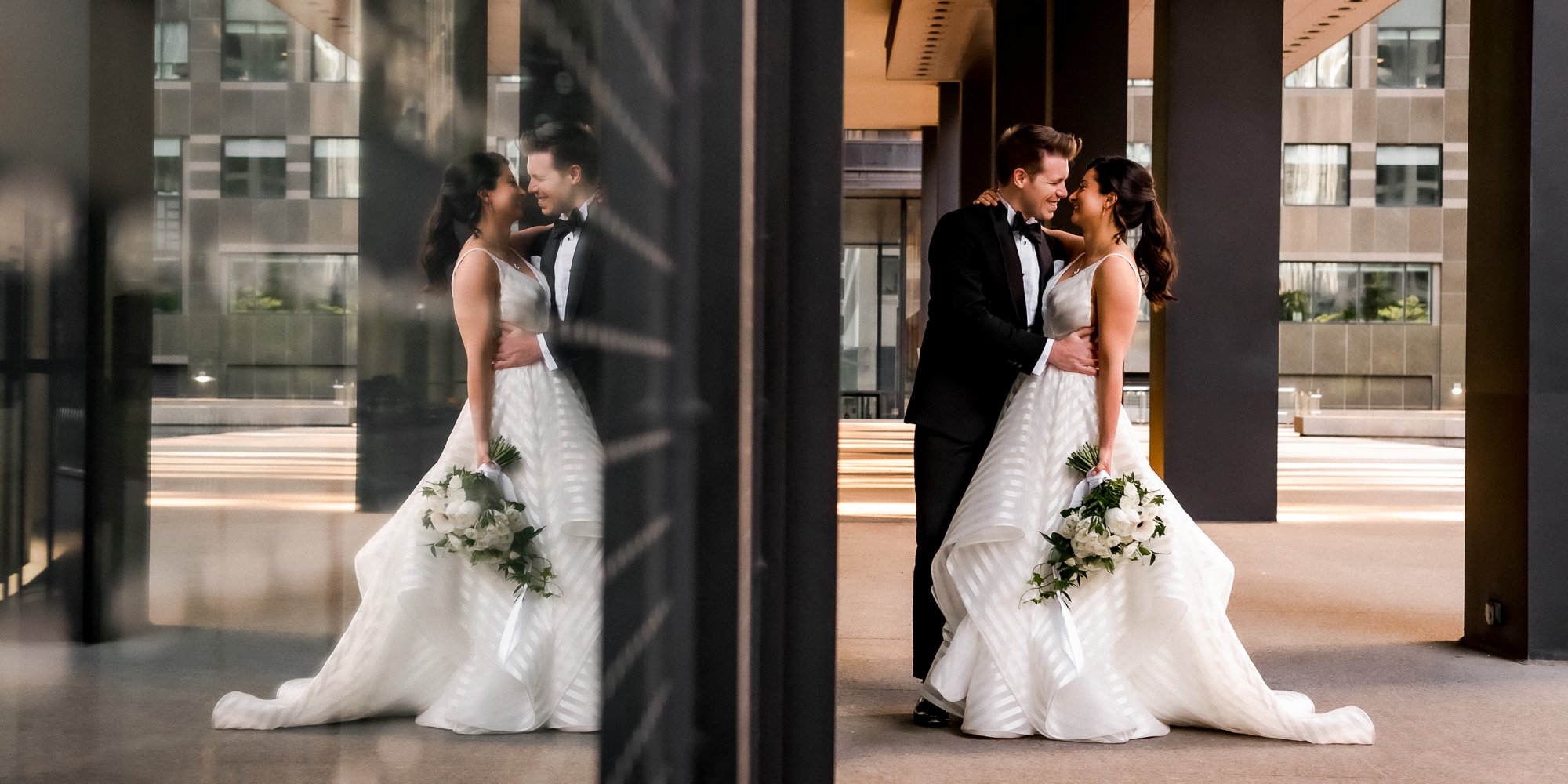 bride groom looking at each other in reflection photo at Canoe