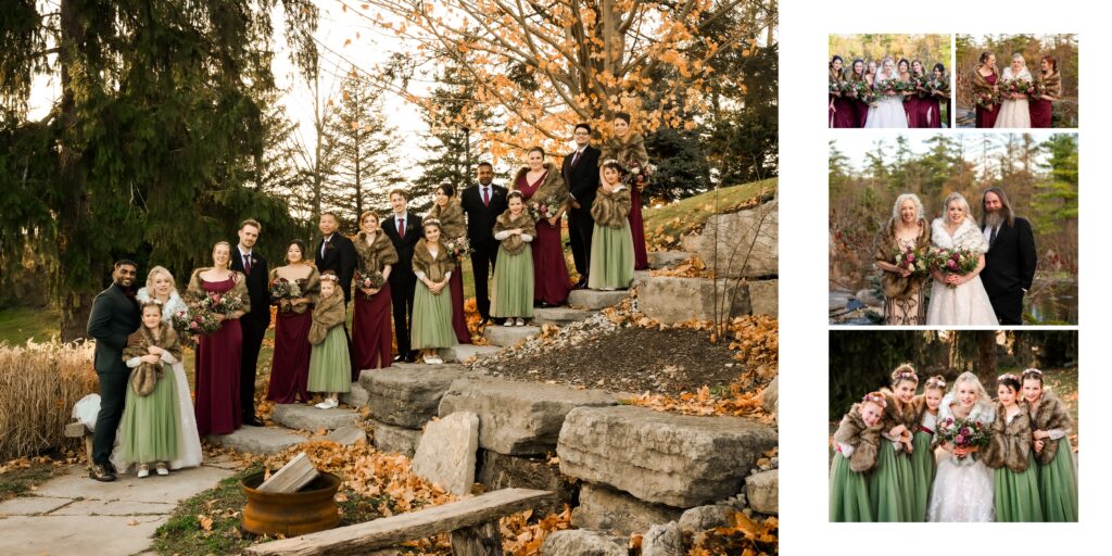 wedding party on staircase with fur