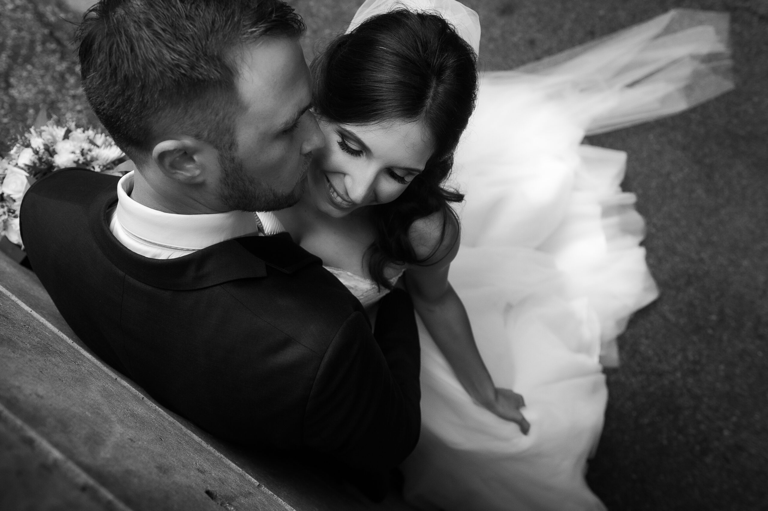portrait from above of bride groom