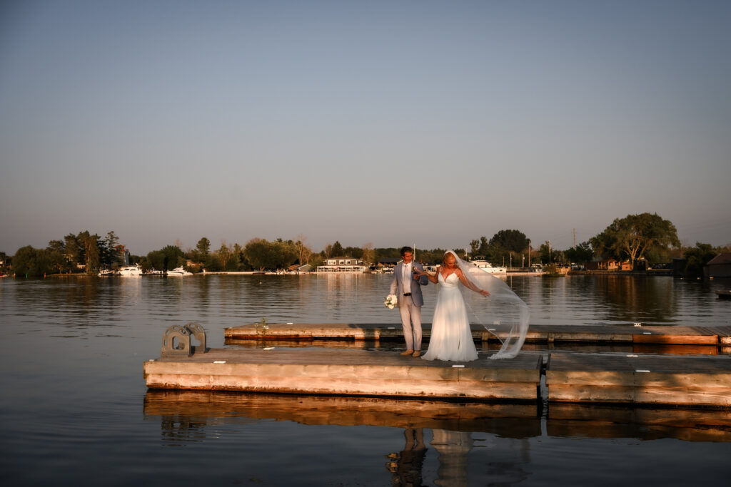 Golden hour portrait on dock at Christies Mill wedding