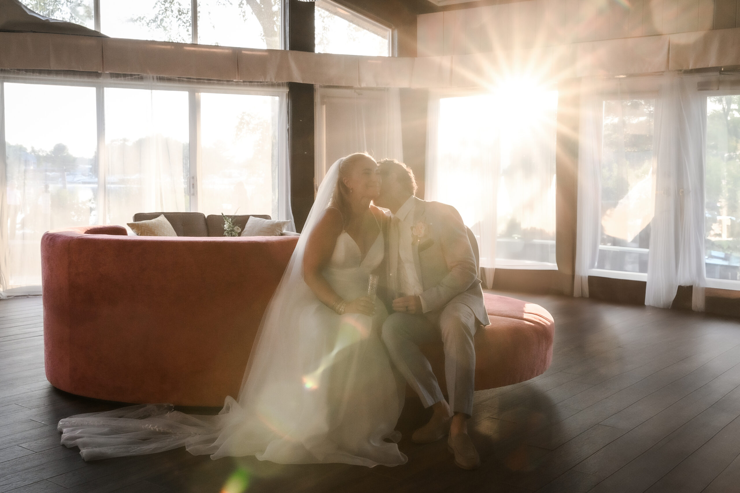 Sun flare photos with bride groom in Muskoka