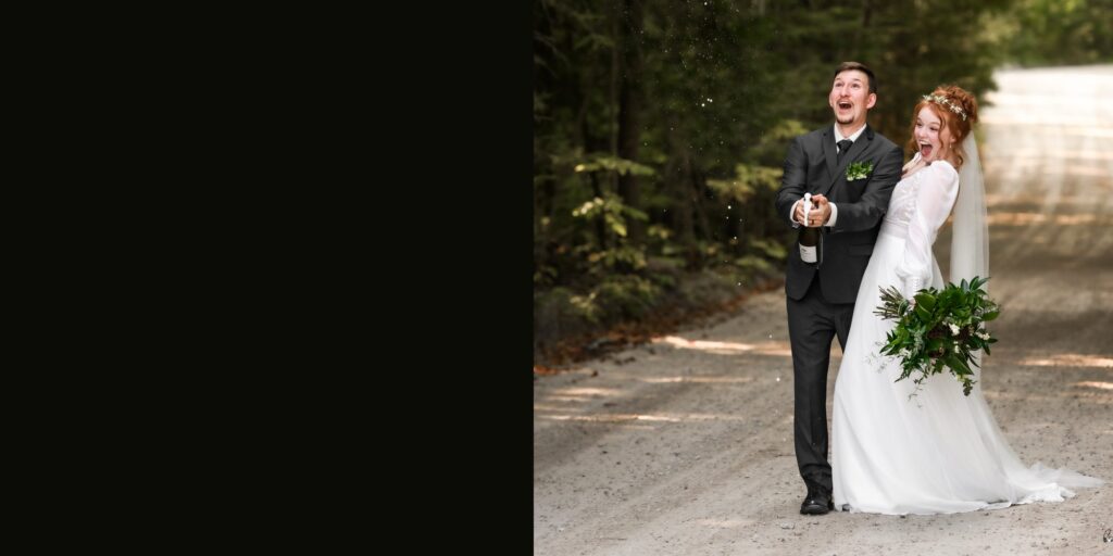 bride groom popping champagne in middle of road
