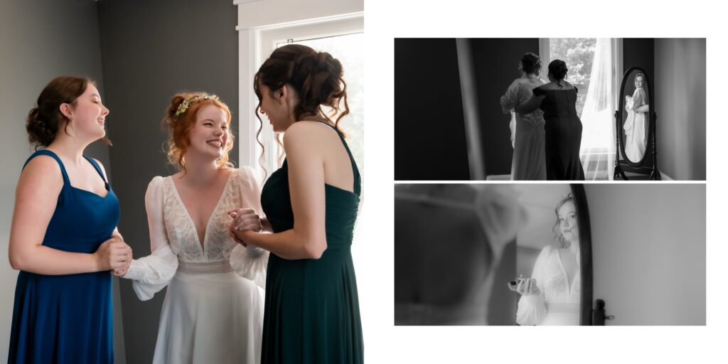 bridesmaids in green dresses with bride getting ready
