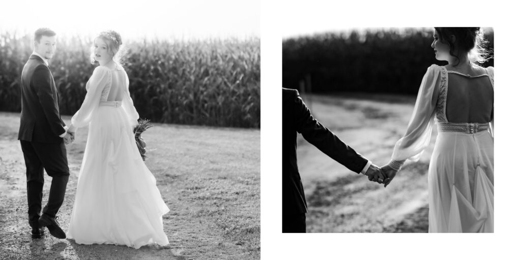 black and white photos at barn venue